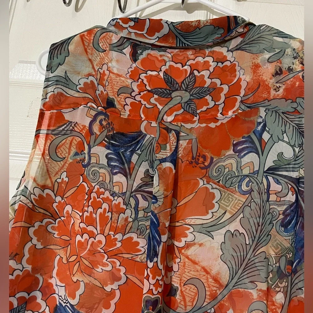 Peter Nygard Orange and Blue‎ Floral Tunic Dress Sz 14 semi-sheer, sleeveless